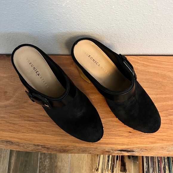 Veronica Beard Black Suede Mules with Tan Wooden Heels - Picture 4 of 8